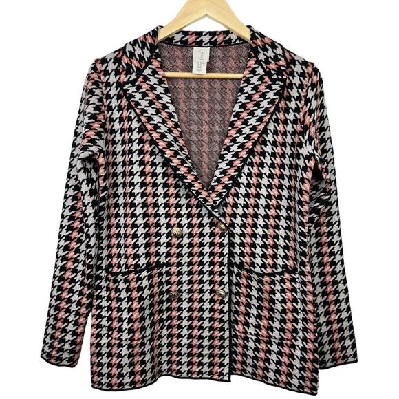 EUC Joie Knit Blazer Sweater Houndstooth Print Gold Buttons Pocket Oversized XS - Picture 1 of 10